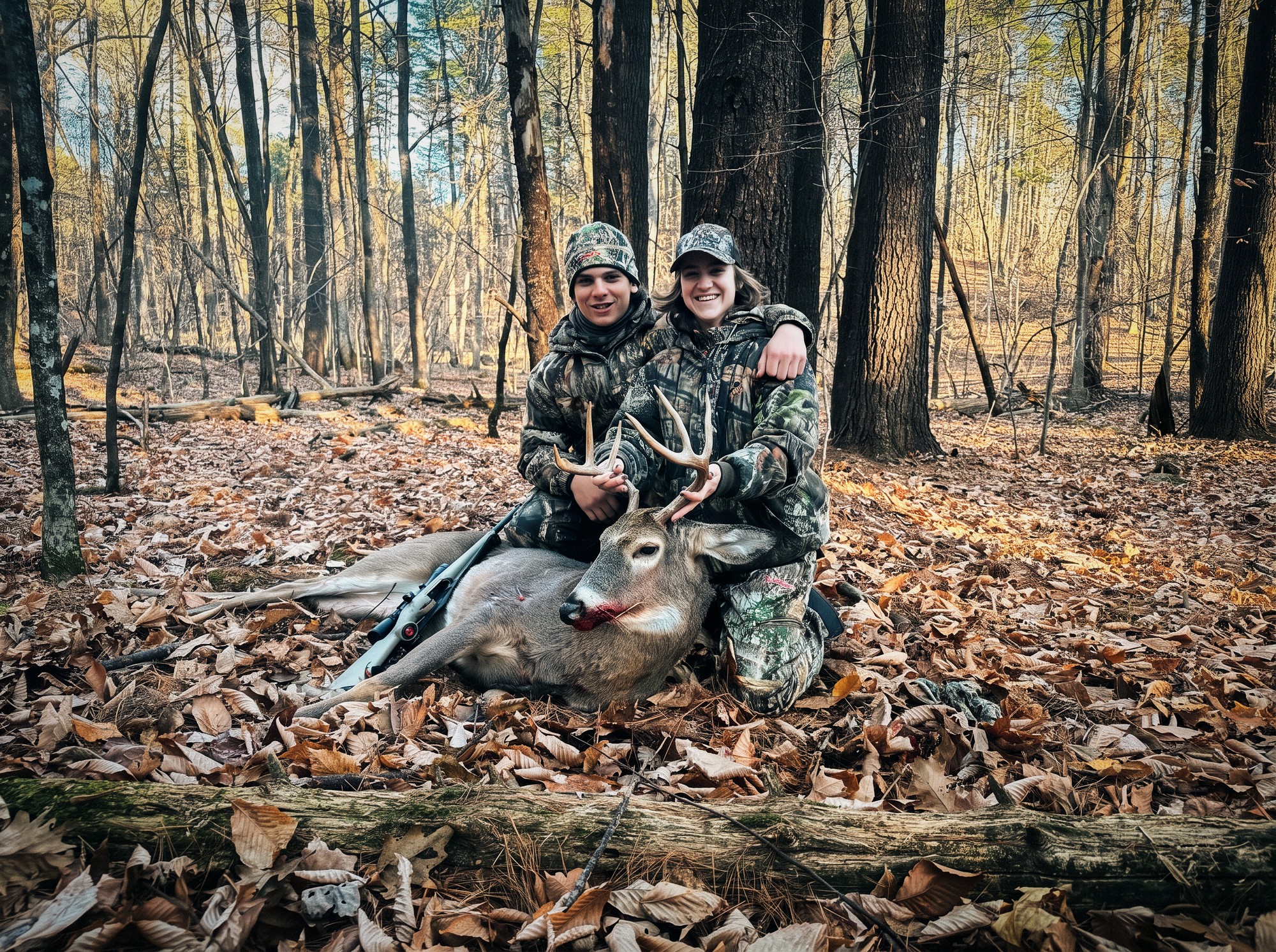 Two hunters kneeling behind a harvested whitetail buck