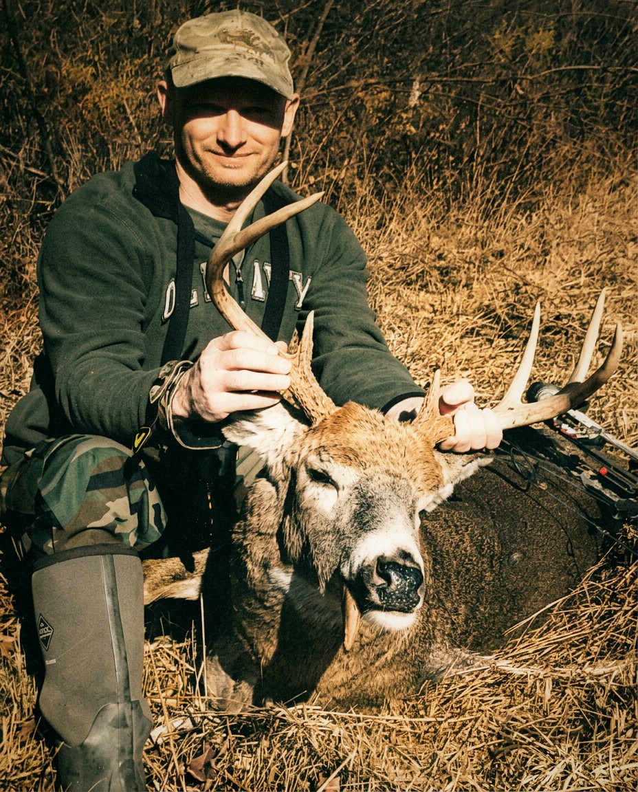 Anthony DelVecchio kneeling with a heavy-racked whitetail buck in late-season brush