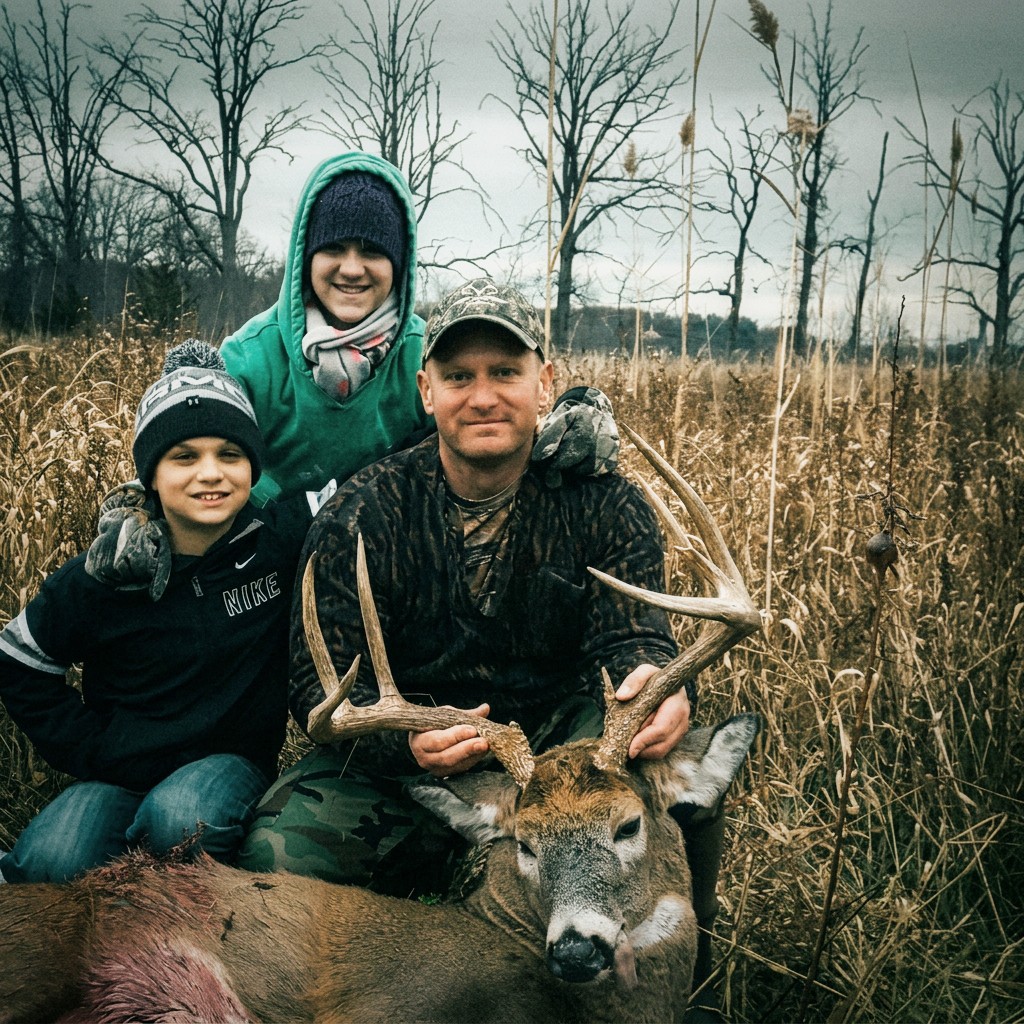 Anthony DelVecchio with family and a harvested whitetail buck