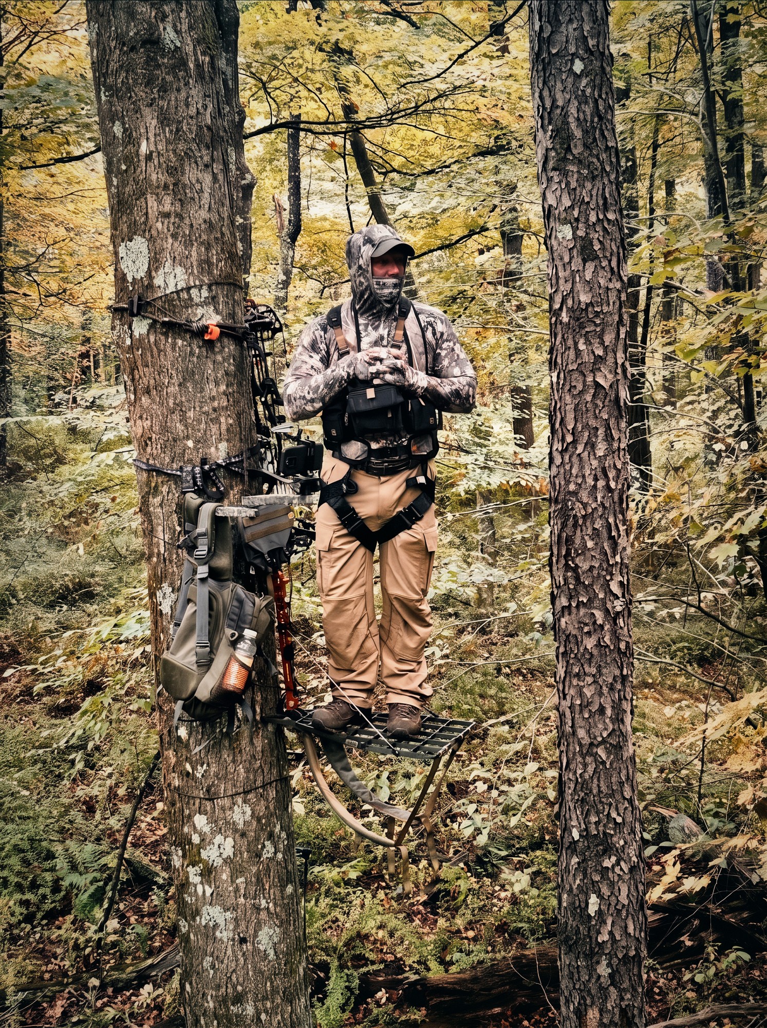 Bowhunter standing in a tree saddle among autumn hardwoods