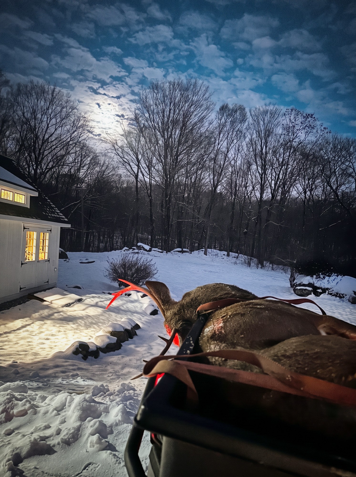 Whitetail deer transported through snow beneath a moonlit sky