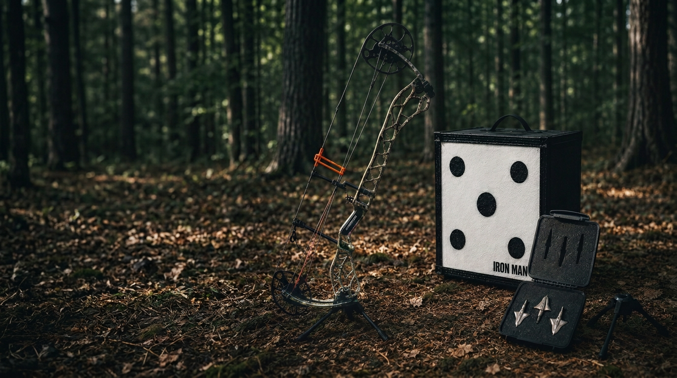 Mathews Arc 30 bow, block target, folding legs and broadheads staged in dark timber