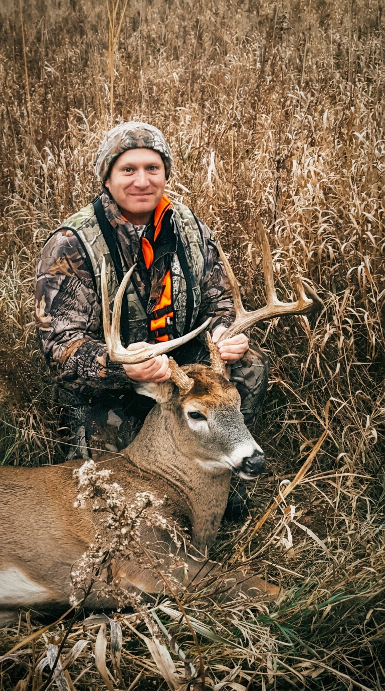 Hunter kneeling with a mature whitetail buck in tall grass
