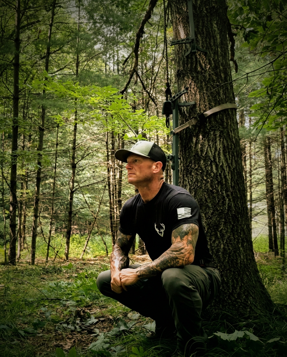 Anthony DelVecchio kneeling beneath a treestand in the timber